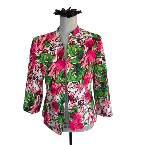 Evan Picone Floral Blazer Jacket Women’s 6P Pink Green Open Front Lined Spring - Picture 1 of 13